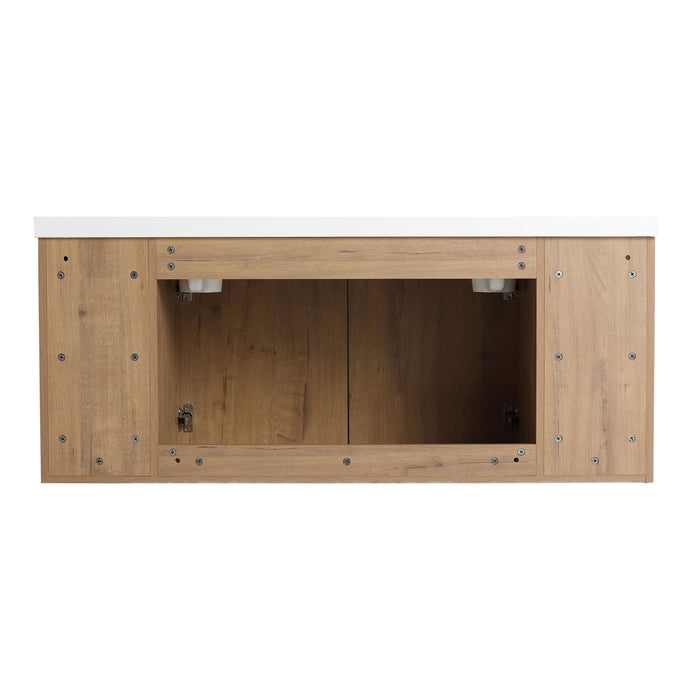 Modern 48" Wall Mounted Bathroom Vanity With Double Resin Sink And Storage Rack Soft Close Doors - Imitative Oak
