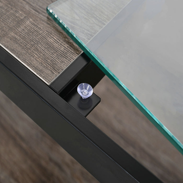 Industrial Style Coffee Table For Bedroom & Living Room With Tempered Glass & Wood Grain - Wood