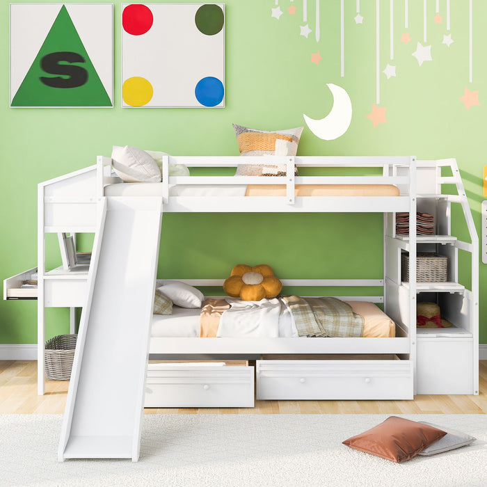 Bunk Bed With Storage Staircase, Slide, Desk, Drawers, And Shelves