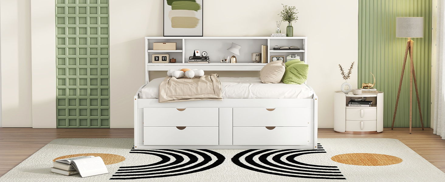 Daybed With 2 Bedside Cabinets, Upper Shelves And 4 Drawers