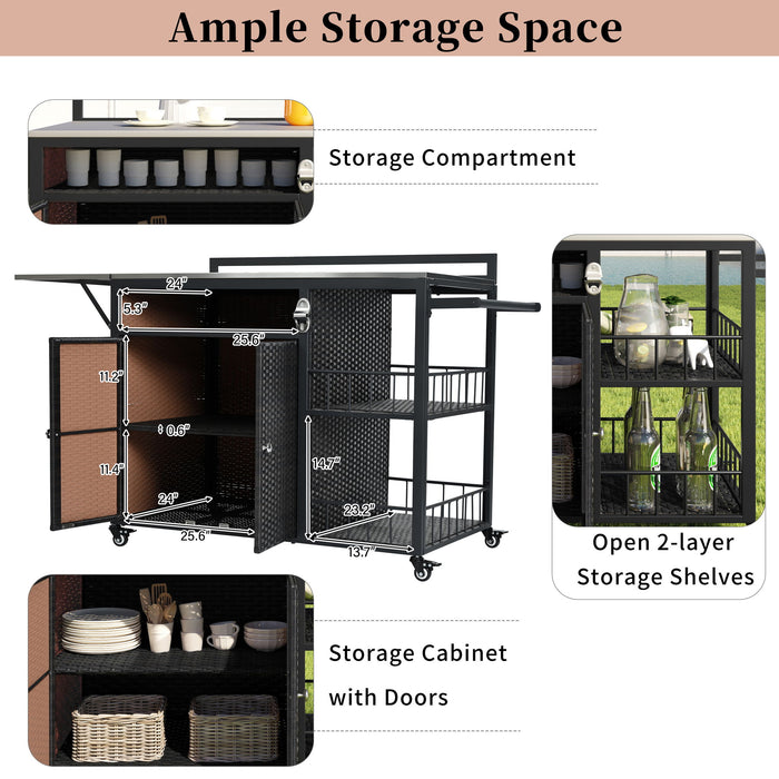 Outdoor Kitchen Island With Storage, Cooking Station, Grill Cart, Foldable Tabletop, And Bottle Opener - Dark Brown