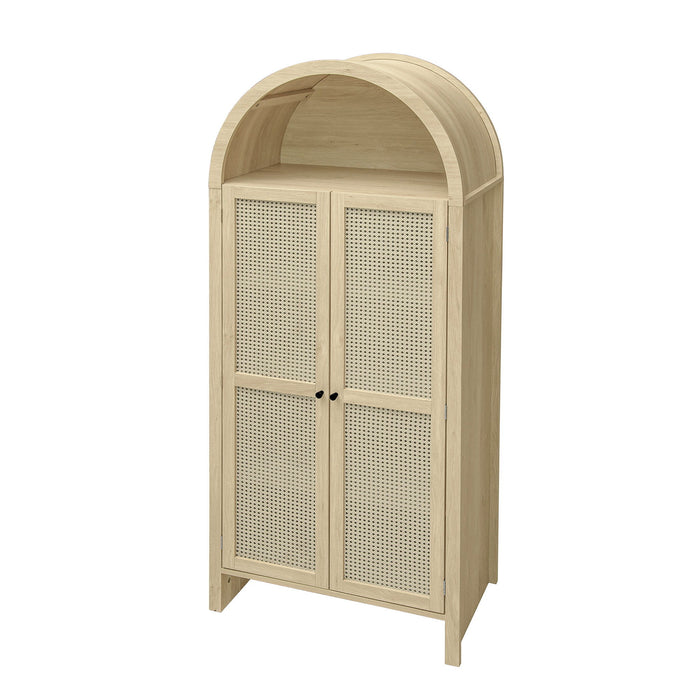Tall Arched Kitchen Pantry, Arched Storage Display Cabinet With 2 Drawers & Adjustable Shelves, Rattan Door Versatile Storage Cabinet For Kitchen, Dining Room - Natural