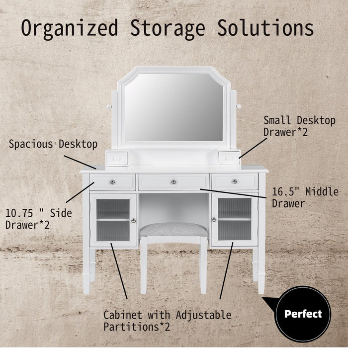 Elegant Makeup Vanity Desk With Adjustable Mirror And Storage And Construction - White