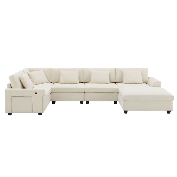 U Shaped Sectional Sofa 6 Seat Couch Set With Oversized Ottoman, Hidden Armrest Storage And Cup Holders USB Charging Ports Wide Seat Sofa