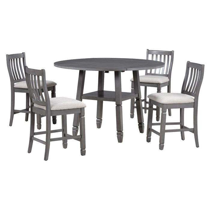 Trexm 5 Piece Counter Height Dining Table Set In 2 Table Sizes With 4 Folding Leaves And 4 Upholstered Chairs For Dining Room (Gray / Beige Cushion)