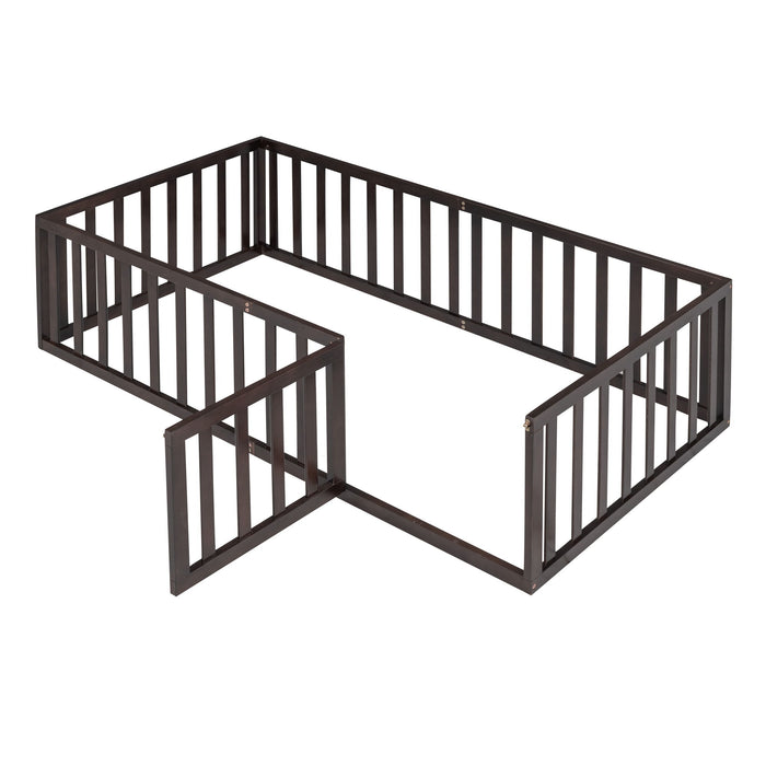 Twin Size Floor Bed Frame With Fence And Door - Walnut