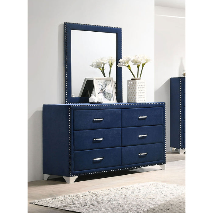 6 Drawer Upholstered Dresser With Mirror - Blue