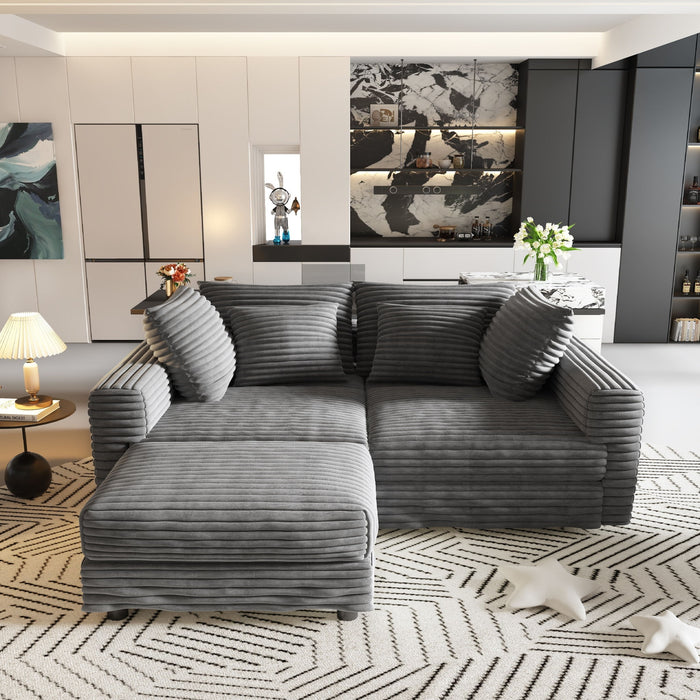 Plush Corduroy 4 Seat Sofa With Soft Pillows And Movable Ottoman