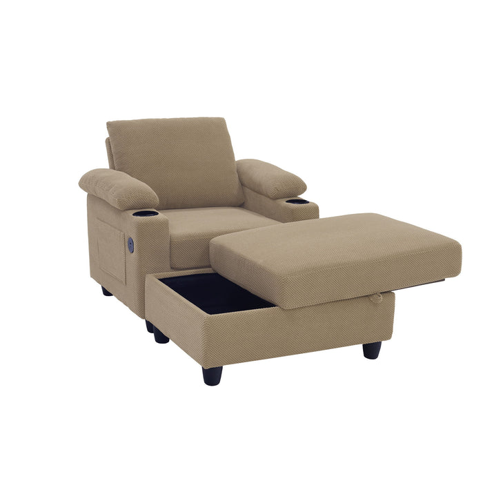 Accent Chair With Storage Ottoman, Reclining Single Chaise Lounge With Cupholders And USB, C Ports