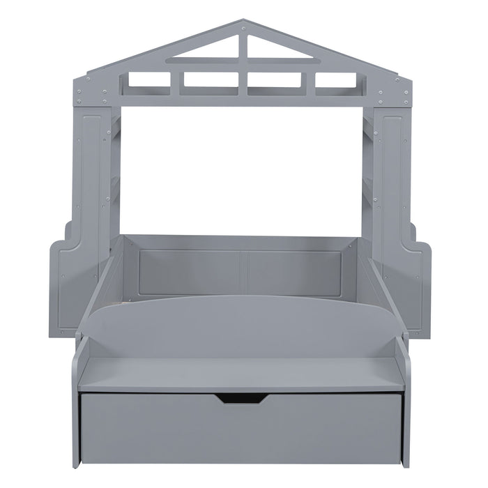 Twin Size House Bed With Bench, Socket And Shelves, Gray