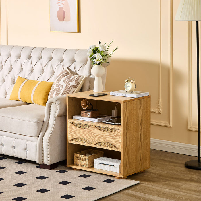 Nightstand With USB Ports & Outlet Hole, End Table With Drawer