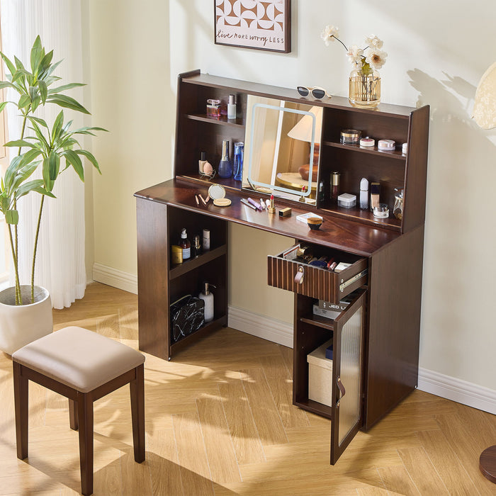 Modern Elegance Makeup Vanity Desk With Adjustable Lighted Mirror Storage Shelves Drawer And Cabinet - Walnut