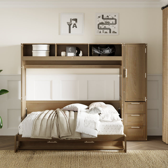 Full Size Murphy Bed With Wardrobe, Drawers, And Open Shelves - Wood