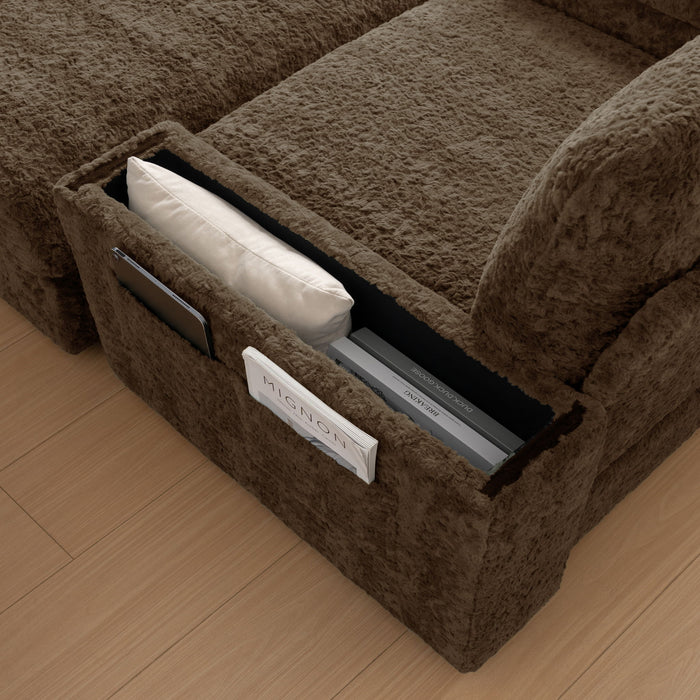 Oversized Chaise Lounge Indoor Rabbit Fur Sofa Bed With Storage Ottoman And Armrests Cup Holders With Deep Seat