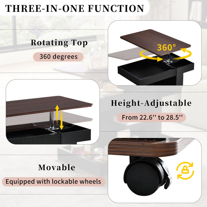Adjustable End Table With Wheels, 360°Rotating Top And Storage Space