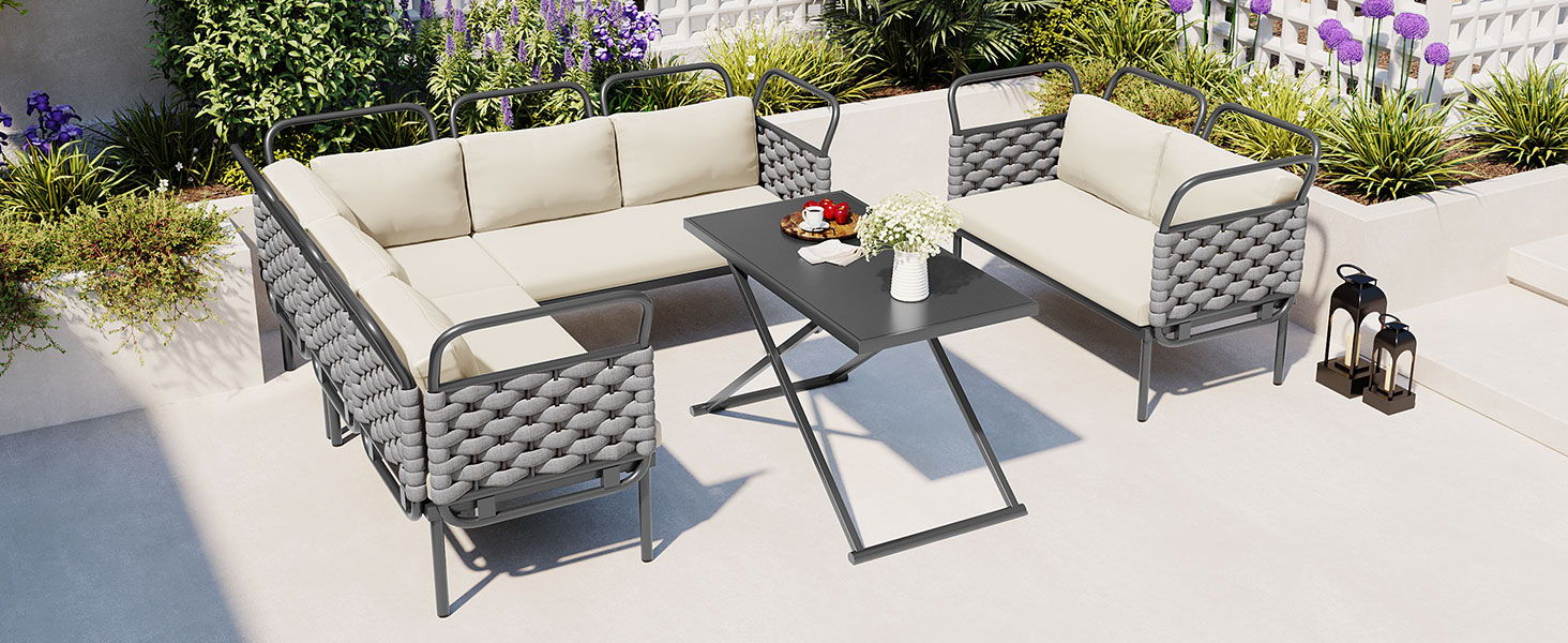 Topmax 5 Piece Modern Patio Sectional Sofa Set Outdoor Woven Rope Furniture Set With Glass Table And Cushions, Gray / Beige