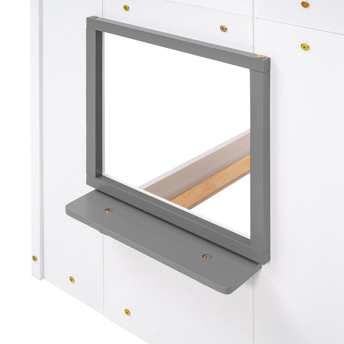 Bunk Bed Wood Bed & Roof, Window, Guardrail, Ladder