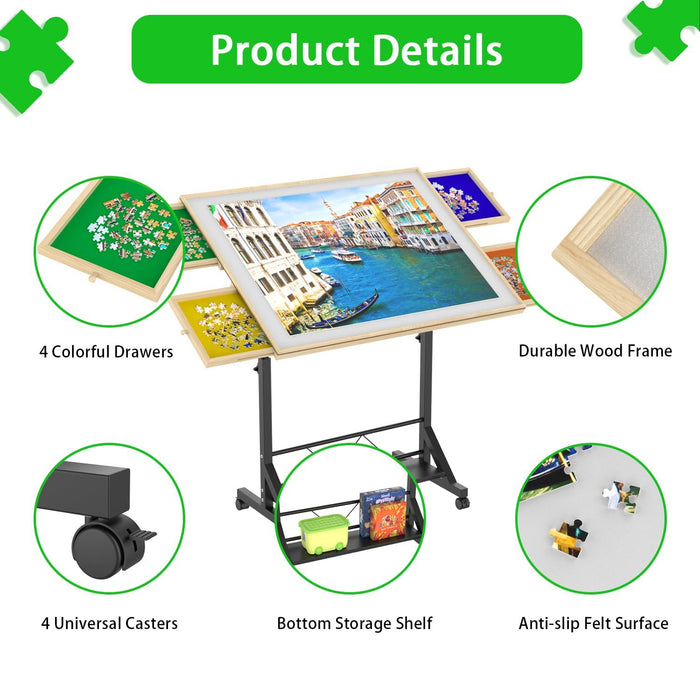 360 Degree Tilting Wooden Puzzle Table With 1500 Pieces, Rolling Design With Adjustable Height, Drawer, And Protective Cover - Black / Natural Wood