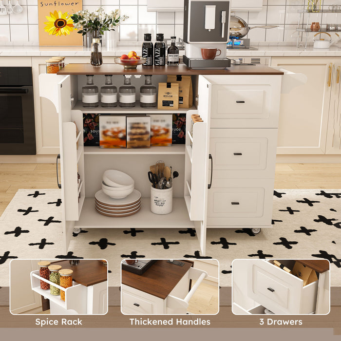 Kitchen Island Cart With Foldable Tabletop & Drop Leaf Mobile Breakfast Bar With Wood Top And Storage - White / Walnut