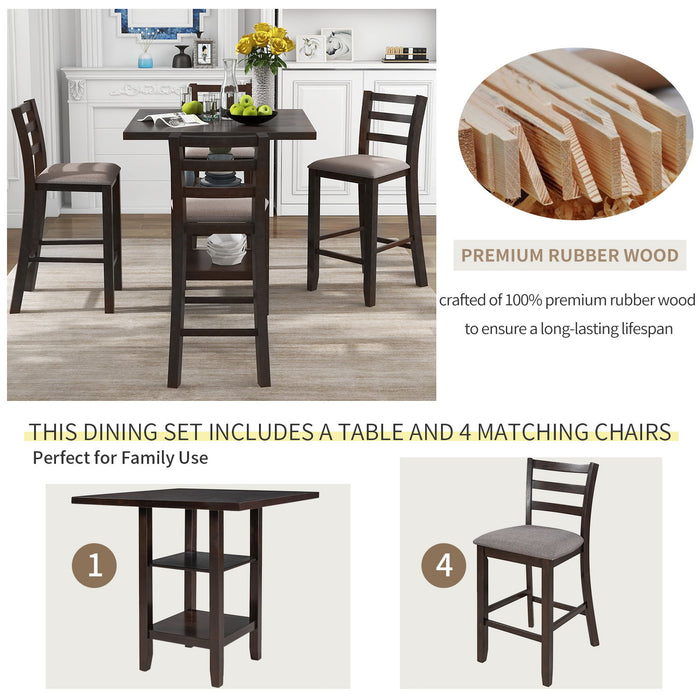 5 Piece Wooden Counter Height Dining Set With Padded Chairs, Storage Shelving