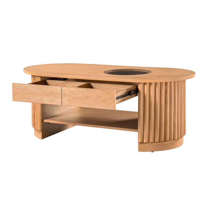Fluted Oval Coffee Table With Drawers, 2 Tier Cocktail Table
