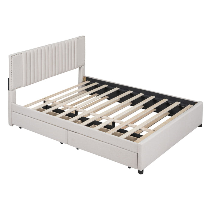 Upholstered Platform Bed With Drawers, Classic Headboard Design