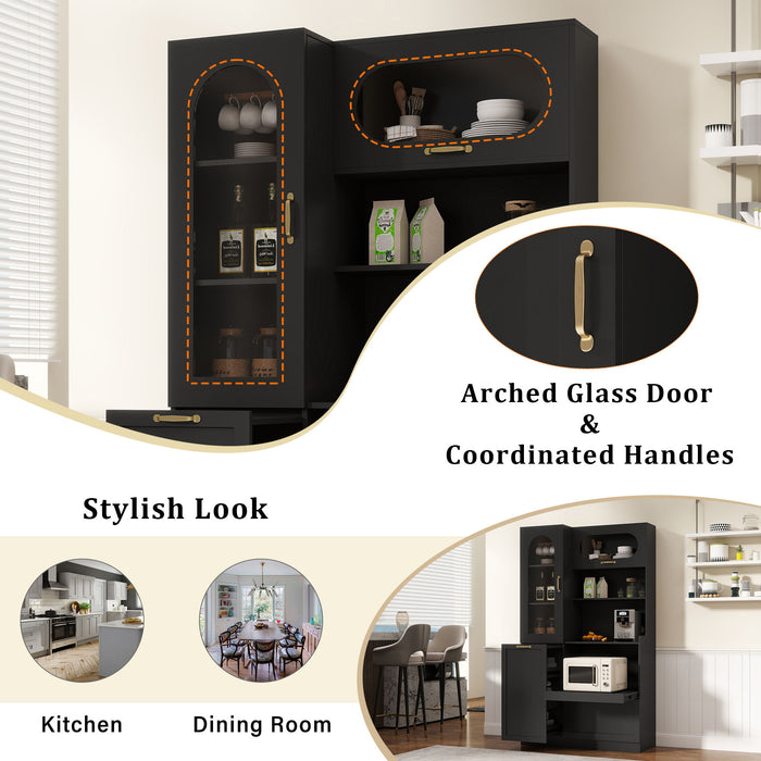 Tall Freestanding Kitchen Pantry Cabinet With Arched Glass Door