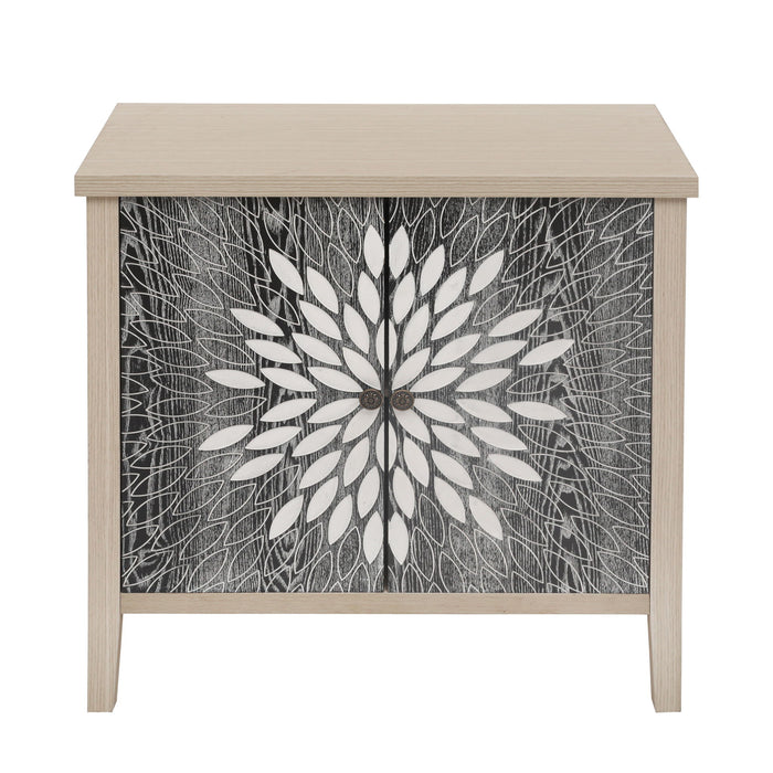 2 Door Carved Storage Cabinet With Adjustable Shelf, Accent Furniture