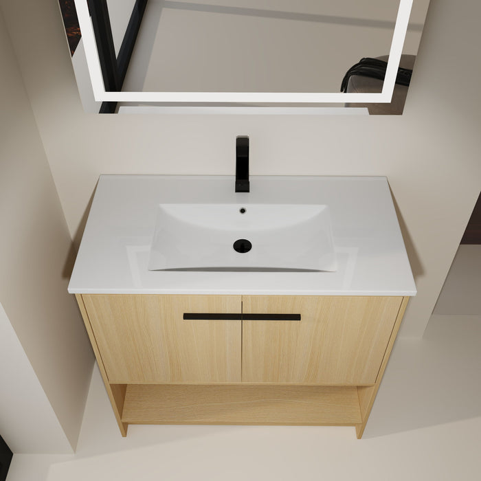 Modern Bathroom Vanity With Ceramic Sink, Freestanding Cabinet, Soft Closing Doors