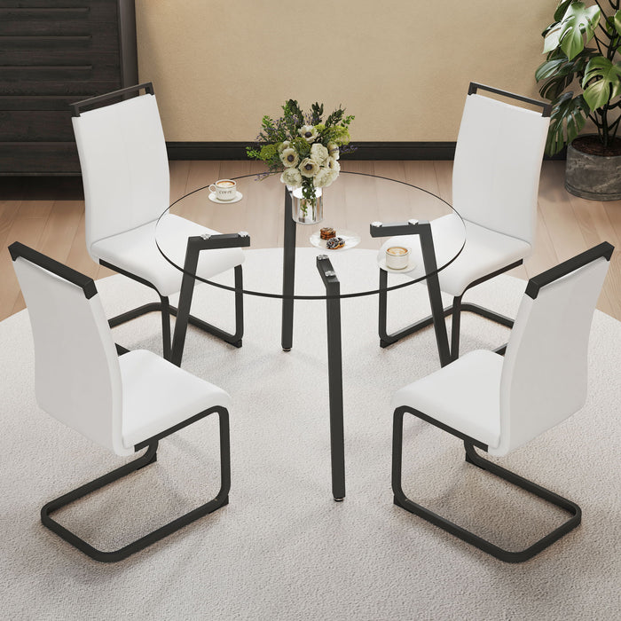 Modern Simple Style Round Transparent Tempered Glass Table, Black Metal Legs, 4 Modern PU Leather High Backrest Cushioned Side Chairs, C Tube Chrome Legs