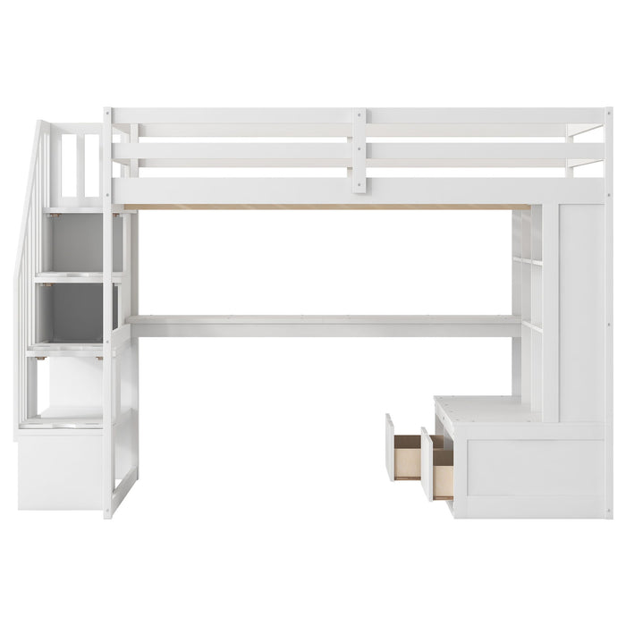 Full Size Loft Bed With Desk And Shelves, 2 Built In Drawers, Storage Staircase - White