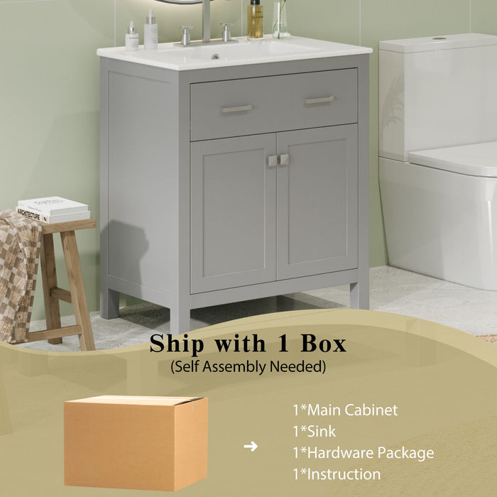 Bathroom Vanity With Ceramic Sink, Modern Single Bathroom Cabinet With 2 Doors And A Shelf, Soft Close Doors