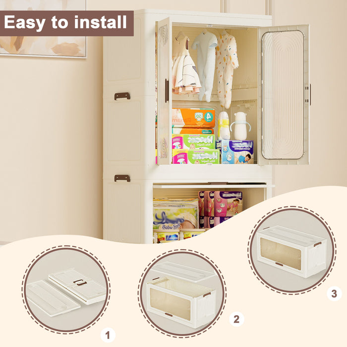 Portable Wardrobe Closet Storage Organizer With Magnetic Doors And Hanging Rod - Cream White