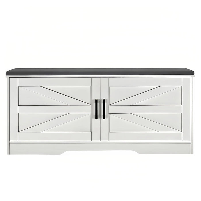 2 Tier Shoe Bench With Padded Seat, 2 Barn Doors And Adjustable Shelves, For Entryway And Living Room - White