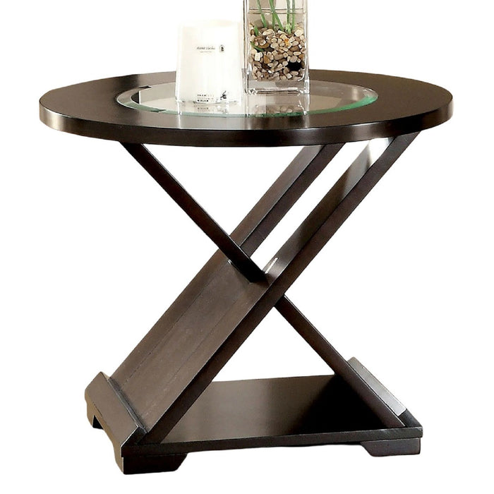 Coffee Table With Cross Design Base, Beveled Glass Top - Espresso
