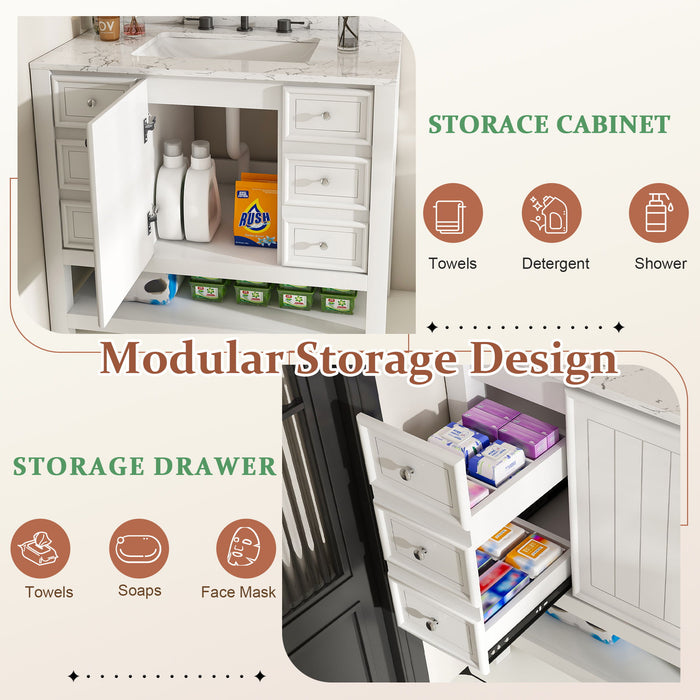 37" Bathroom Vanity With Artificial Marble Carrara Top, Multi Functional Cabinet With Doors And Drawer - White