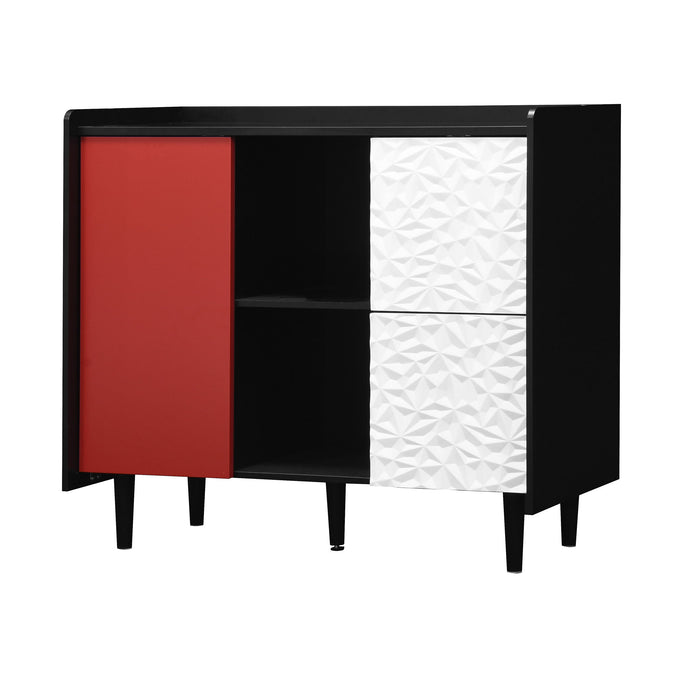 Modern Sideboard Buffet Cabinet With Red Doors And Unique Panel Styling