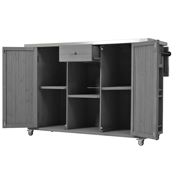 Outdoor Kitchen Island With Stainless Steel Top, Ample Storage Space, Towel And Spice Racks And A Bottle Opener