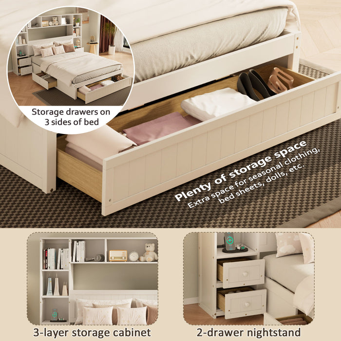Platform Bed With All In One 2 Nightstand, Storage Shelf And Cabinet Bookcase With 2 Charging Stations