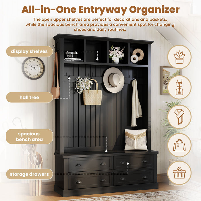 Hall Tree With 4 Drawers, Coat Rack With 6 Hooks