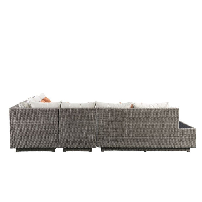 Salena - Patio Sectional Sofa With 4 Pillows & Coffee Table - Beige Fabric & Gray Wicker