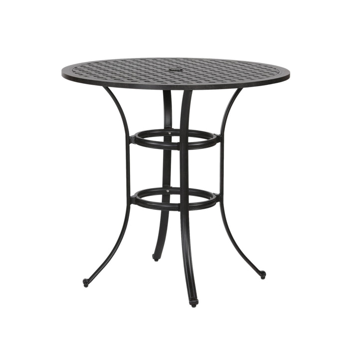 Cast Aluminum Round Counter Table With Lattice Design And Umbrella Hole - Dark Lava Bronze
