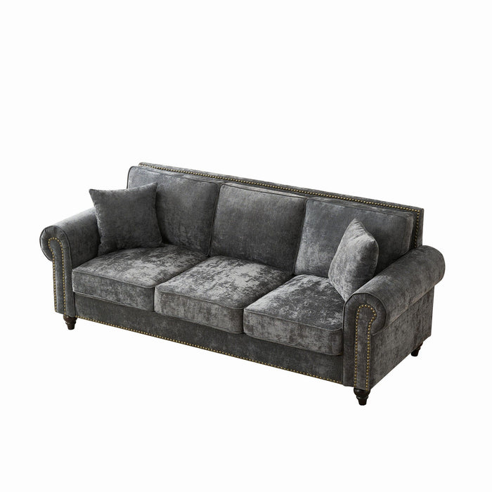 3 Seater Sofa With Tufted Upholstery, Rolled Arms, Nailhead Trim