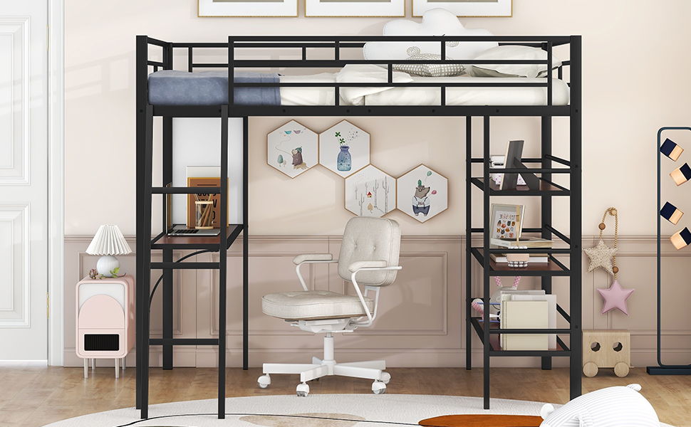 Bed With 3 Layers Of Shelves And Desk, Stylish Frame Bed