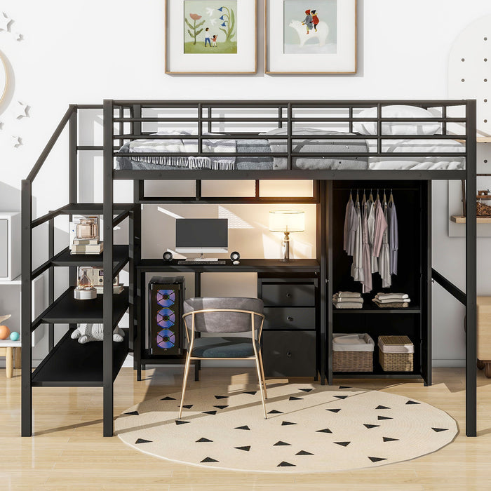 Full Size Loft Bed With Desk Set And Wardrobe - Black