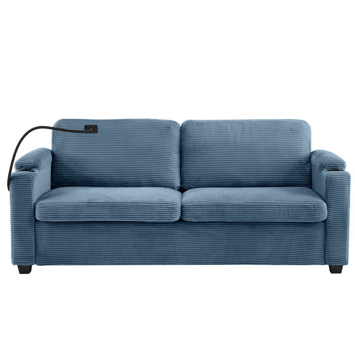 Corduroy Sleeper Sofa Loveseat Sofa With Full Size Mattress, 2 USB Ports, 2 Cup Holders, 2 Side Pockets And Phone Holder