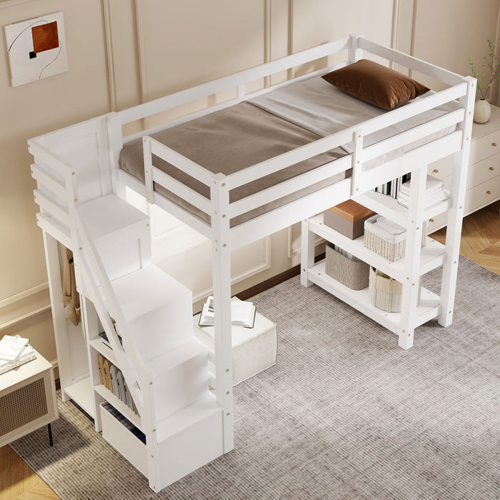 Loft Bed With 4 Layer Shelves, Storage Staircase, Small Wardrobe And LED Light