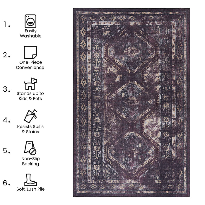 Maval - 5' X 8' Washable Area Rug - Black / Burgundy