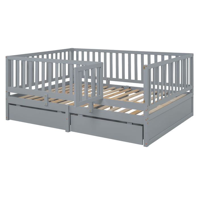 Daybed With Fence Guardrails And 2 Drawers, Split Into Independent Floor Bed & Daybed