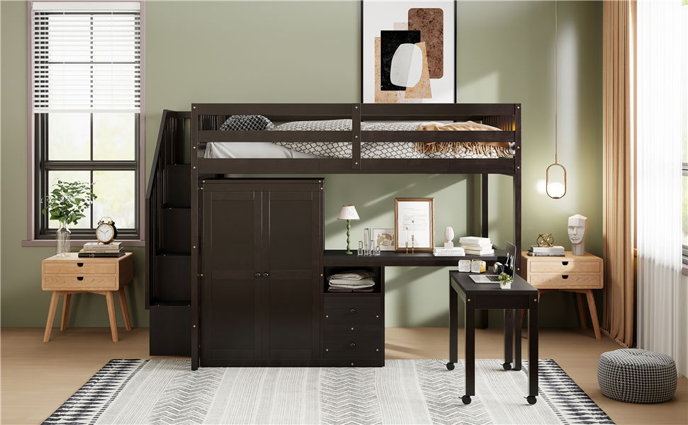 Loft Bed With Stairs, Bookshelf, Drawers, Desk & Wardrobe, Space Saving Multifunctional Furniture